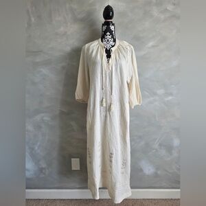 Calme By Johnny Was Organic Cotton Kaftan Long Balloon Sleeve Tassel Dress Sz L